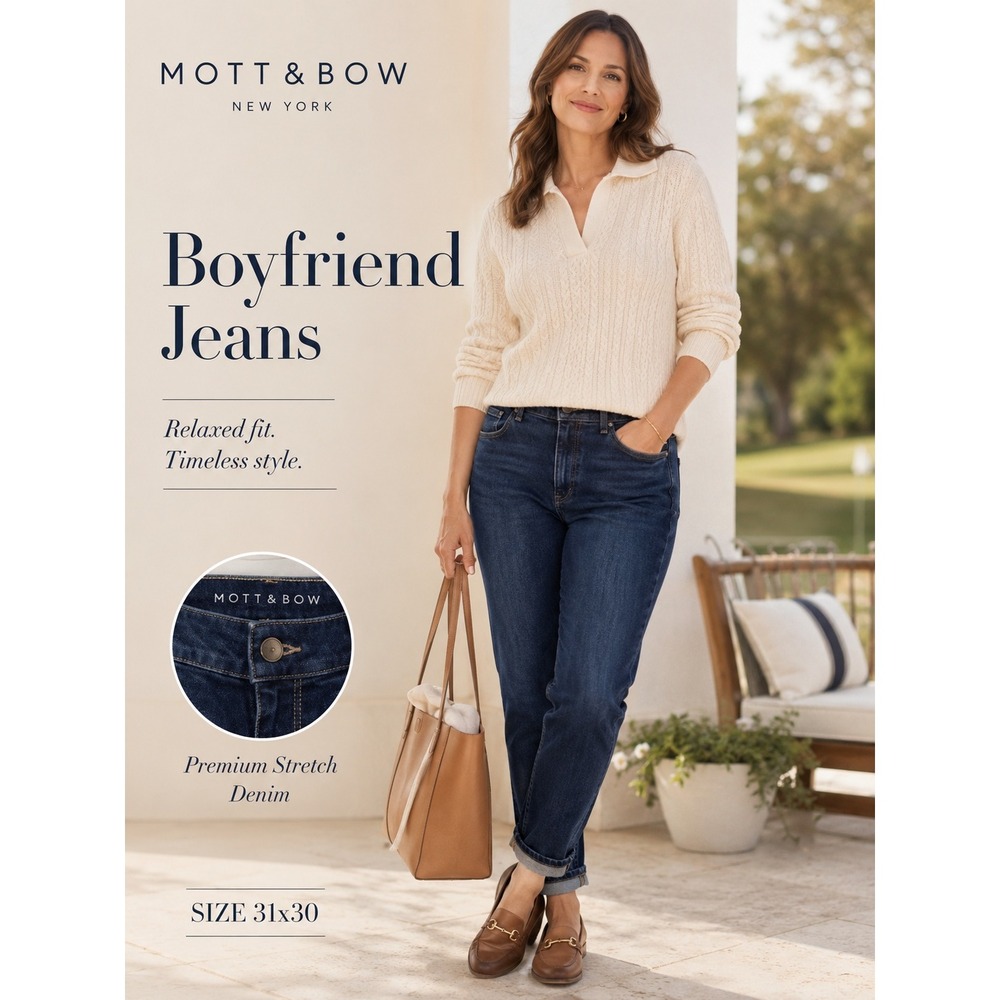 Mott & Bow Womens Boyfriend Jeans W31 L30 Dark Wash Blue Stretch Denim Pants